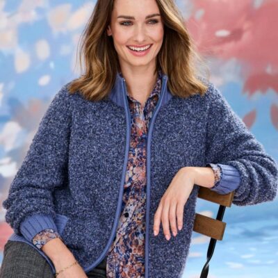 Best Blue Zip Front Boucle Cardigan  Cardigans